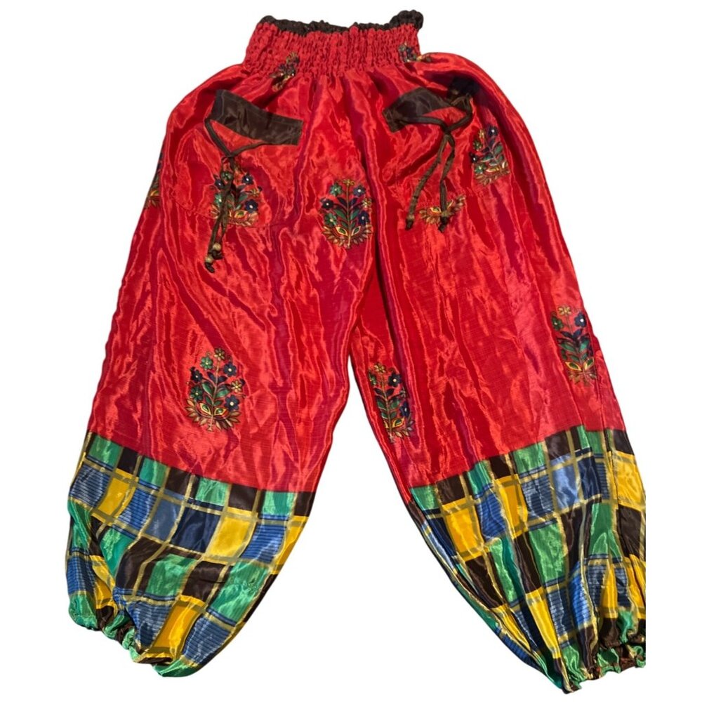 Wevez Red Silk Blend Baggy Parachute Pants‎  Joggers Colorful Pattern Boho